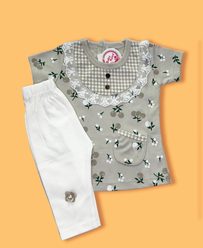 2pc lace suit, cherry print greenish