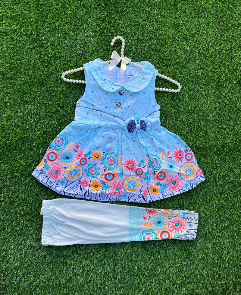 Floral bow frock set blue